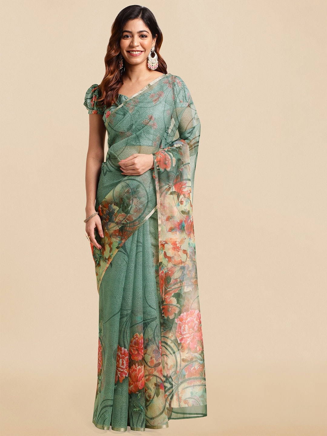 

MIRCHI FASHION Floral Printed Organza Saree, Green