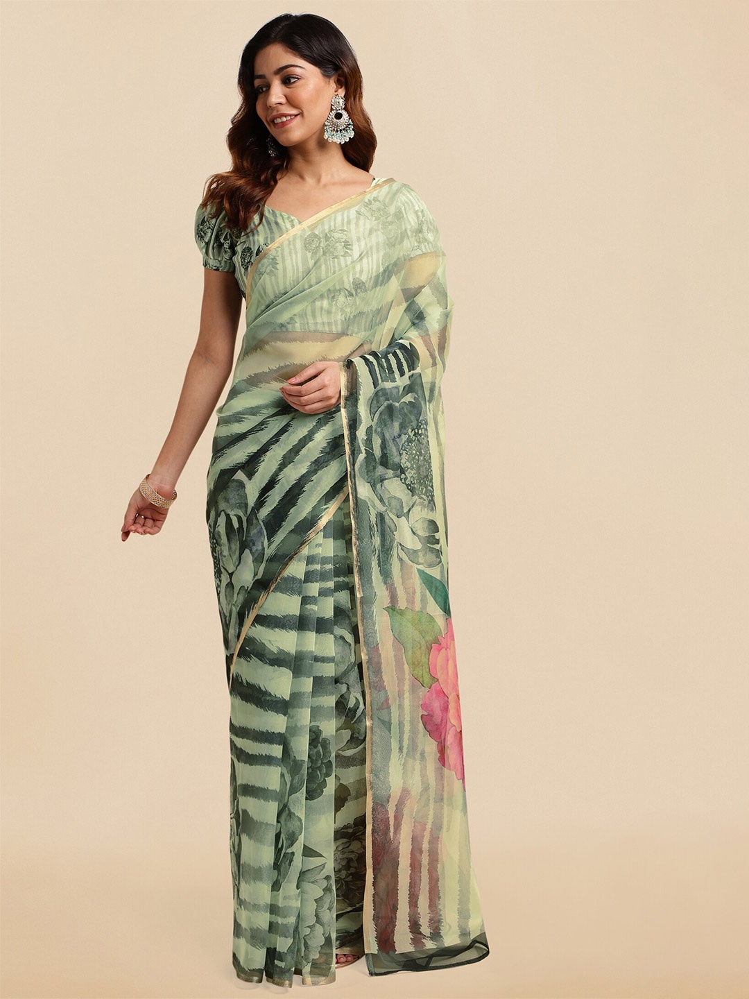 

MIRCHI FASHION Floral Printed Zari Organza Saree, Green