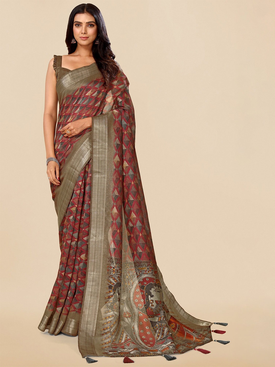 

MIRCHI FASHION Geometric Printed Zari Saree, Maroon
