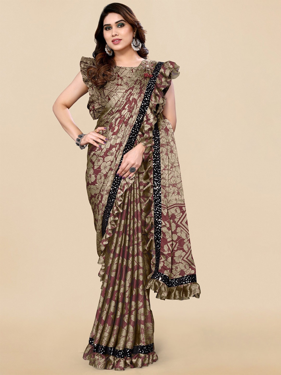 

MIRCHI FASHION Floral Printed Sequinned Saree, Maroon