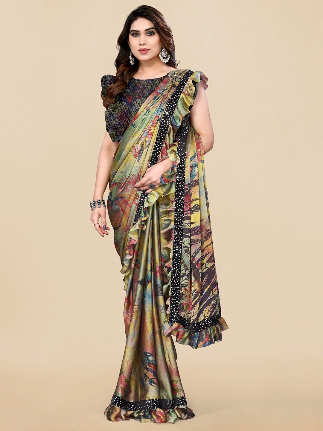 

MIRCHI FASHION Floral Printed Sequinned Detailed Ruffle Saree, Yellow