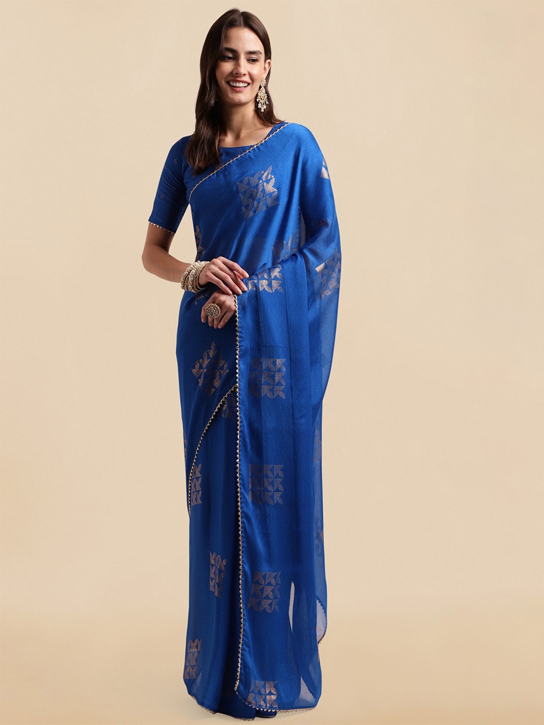

MIRCHI FASHION Blue & Gold-Toned Ethnic Motifs Gotta Patti Block Print Saree