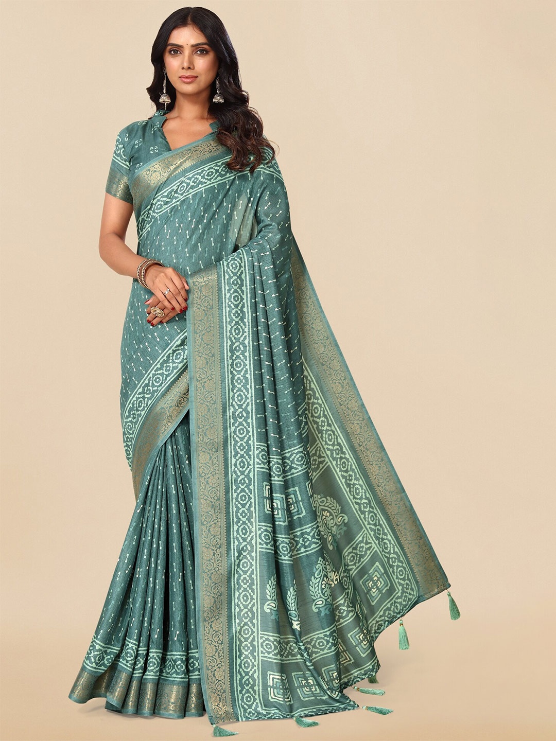 

MIRCHI FASHION Teal & White Ethnic Motifs Zari Block Printed Saree