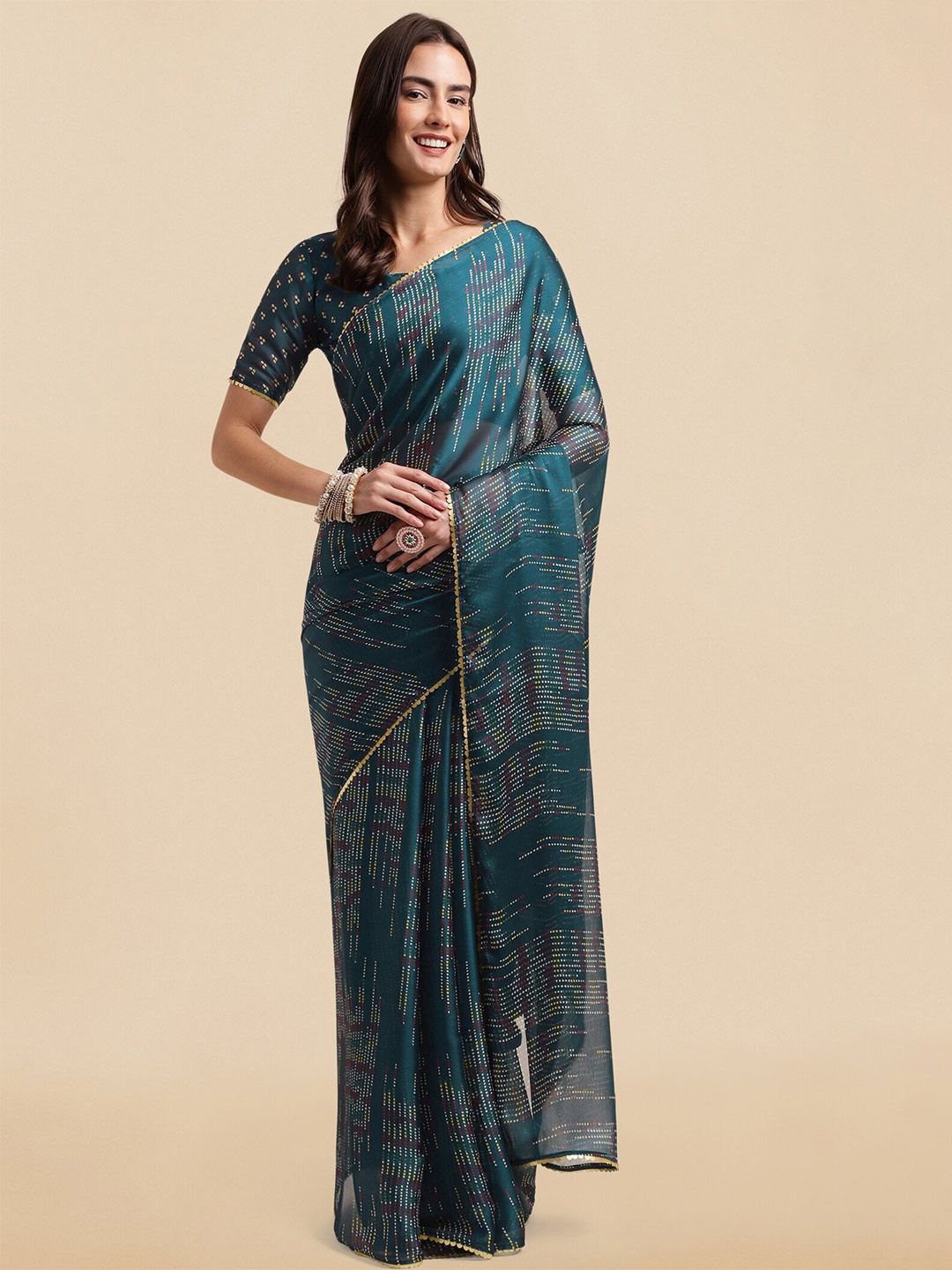 

MIRCHI FASHION Polka Dots Printed Sequinned Saree, Blue