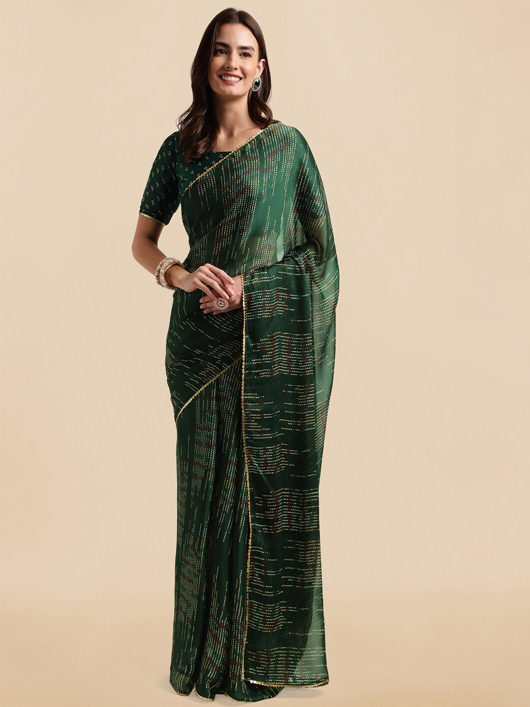 

KALINI Polka Dot Printed Embellished Saree, Green