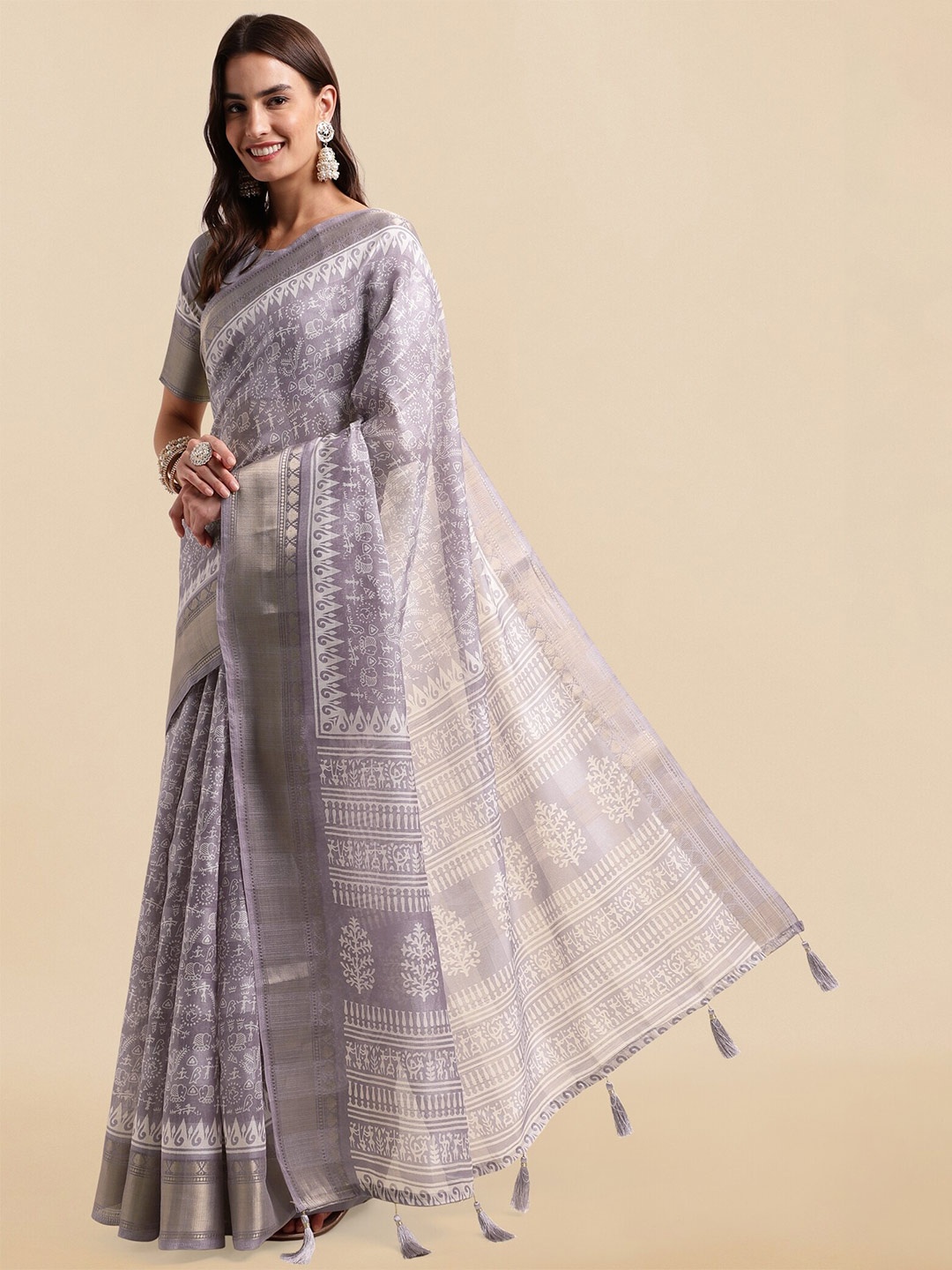 

KALINI Warli Printed Zari Saree, Lavender