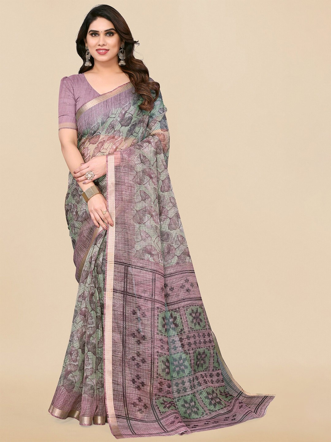 

MIRCHI FASHION Floral Printed Zari Saree, Green