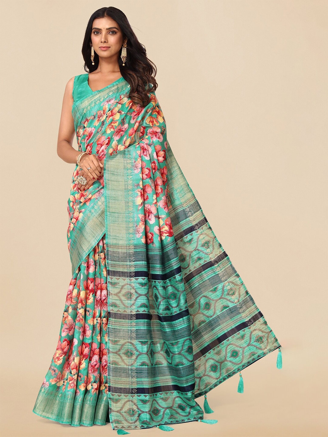 

KALINI Teal & Yellow Floral Printed Zari Saree