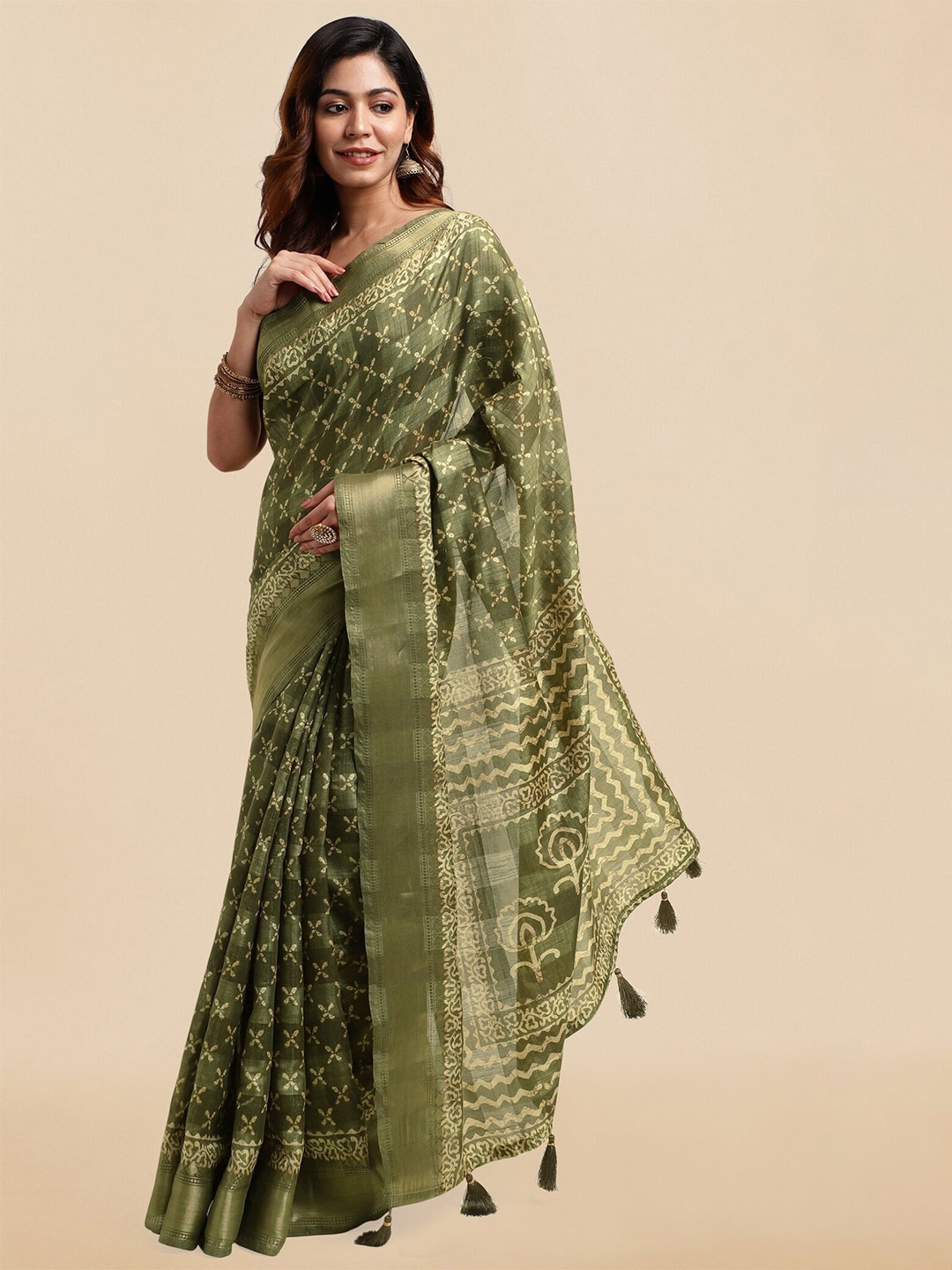 

MIRCHI FASHION Ethnic Motifs Printed Zari Block Print Saree, Green