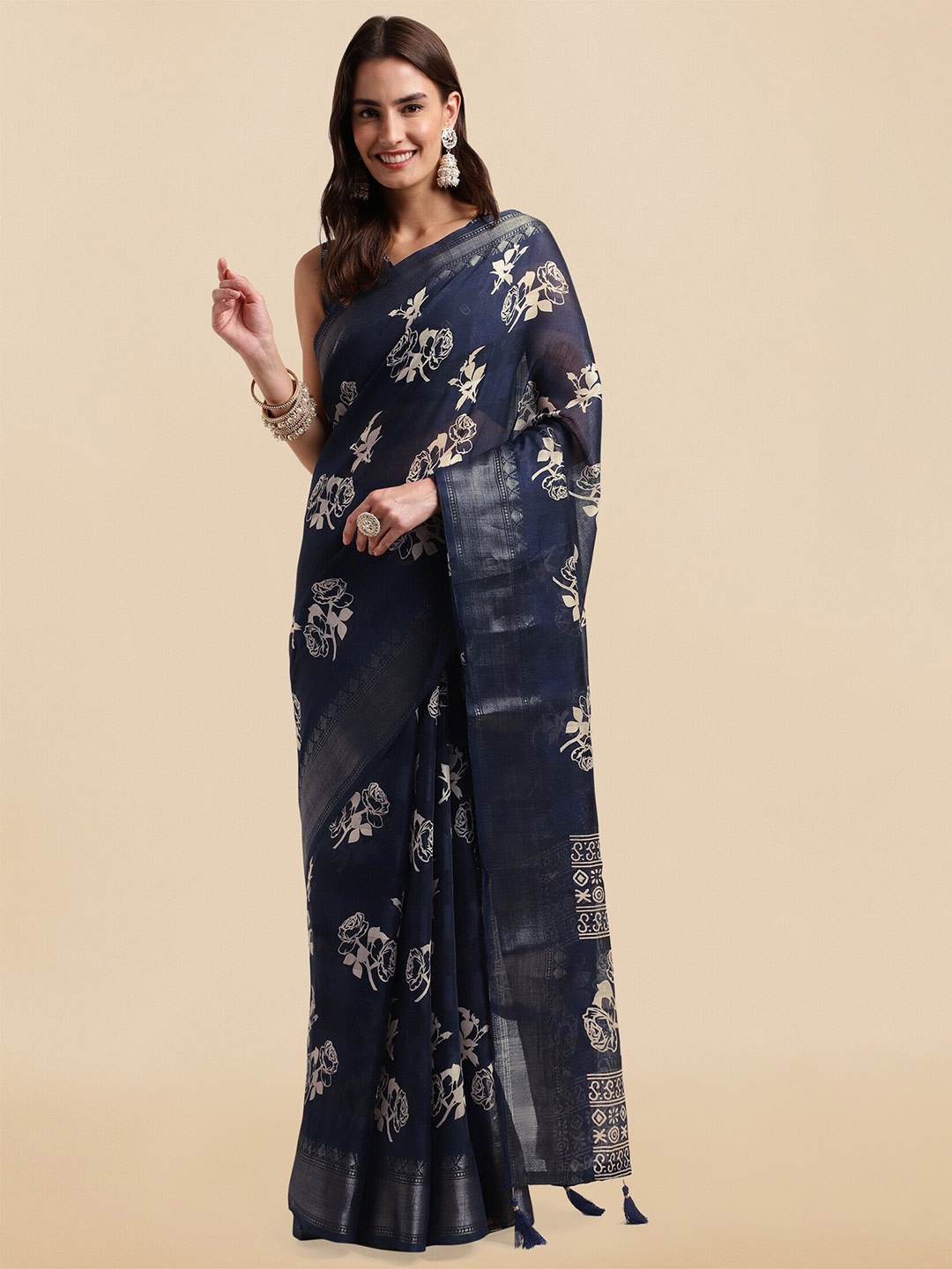 

KALINI Floral Printed Zari Block Print Saree, Navy blue
