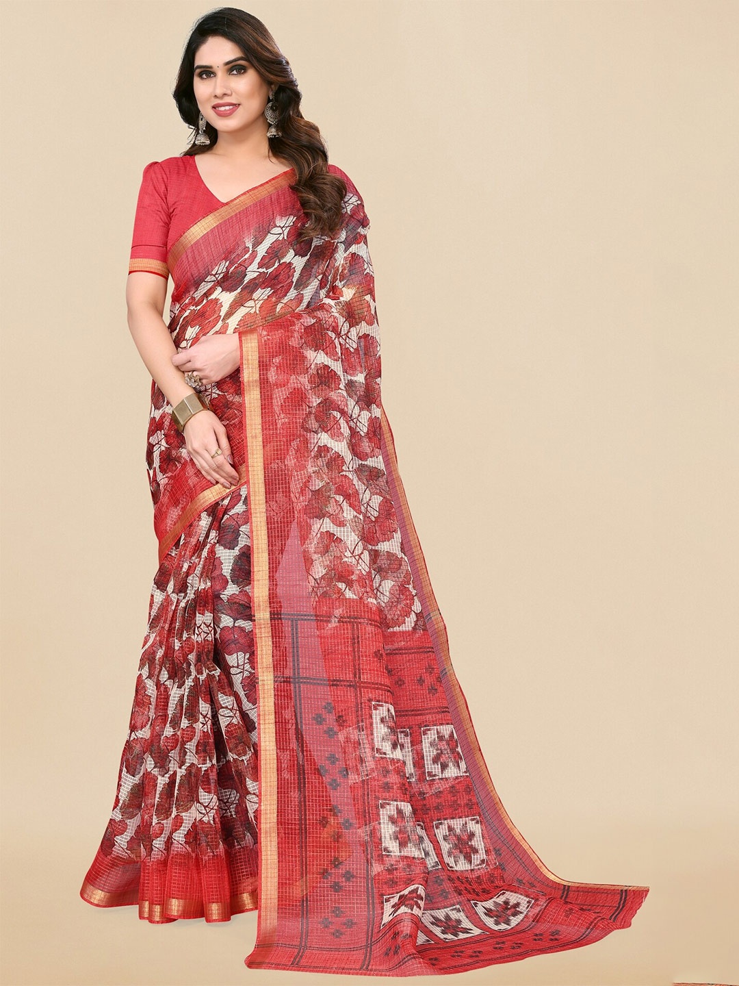 

MIRCHI FASHION White & Red Floral Zari Saree