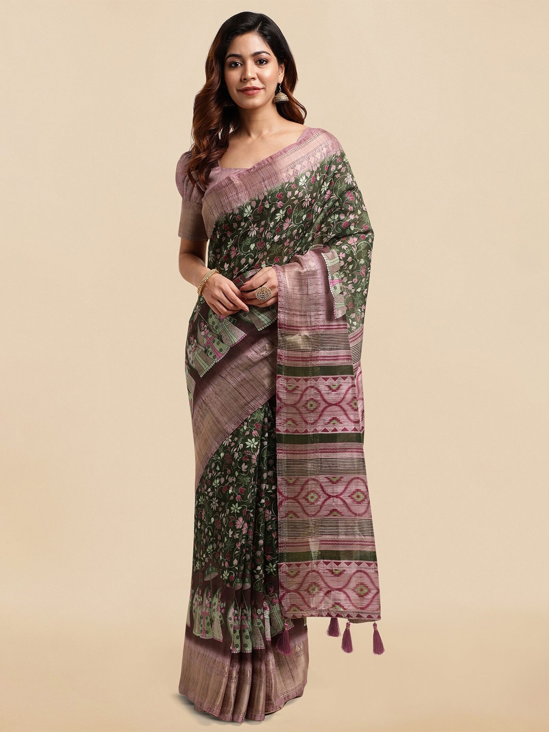 

MIRCHI FASHION Ethnic Motifs Printed Zari Saree, Green