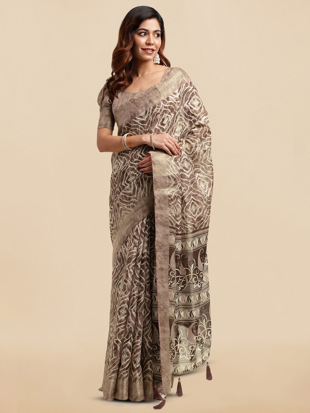 

MIRCHI FASHION Bandhani Printed Zari Saree, Brown