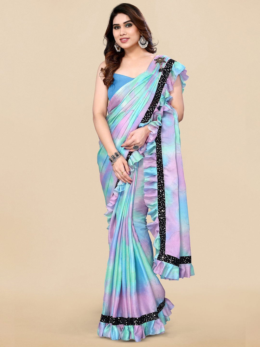 

MIRCHI FASHION Tie & Dye Sequinned Detailed Ruffle Saree, Blue