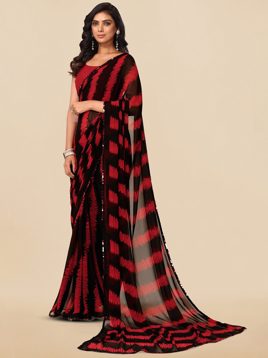 

KALINI Black & Red Abstract Printed Sequinned Saree