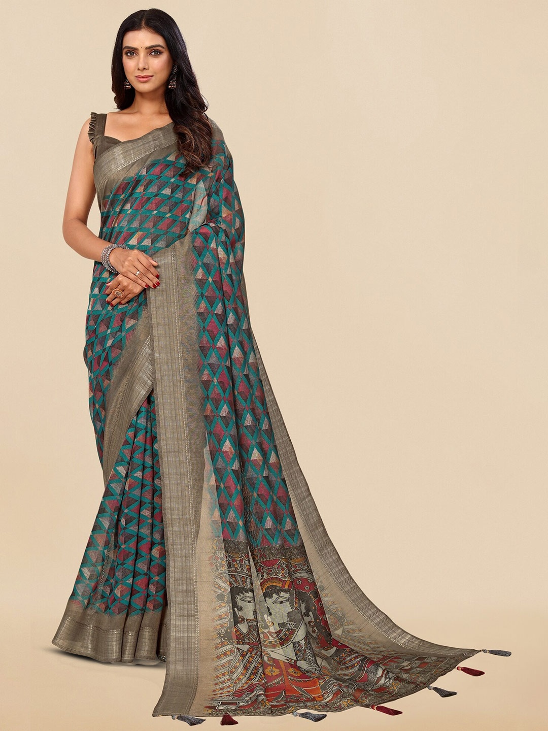 

MIRCHI FASHION Ethnic Motifs Printed Zari Silk Blend Saree, Turquoise blue