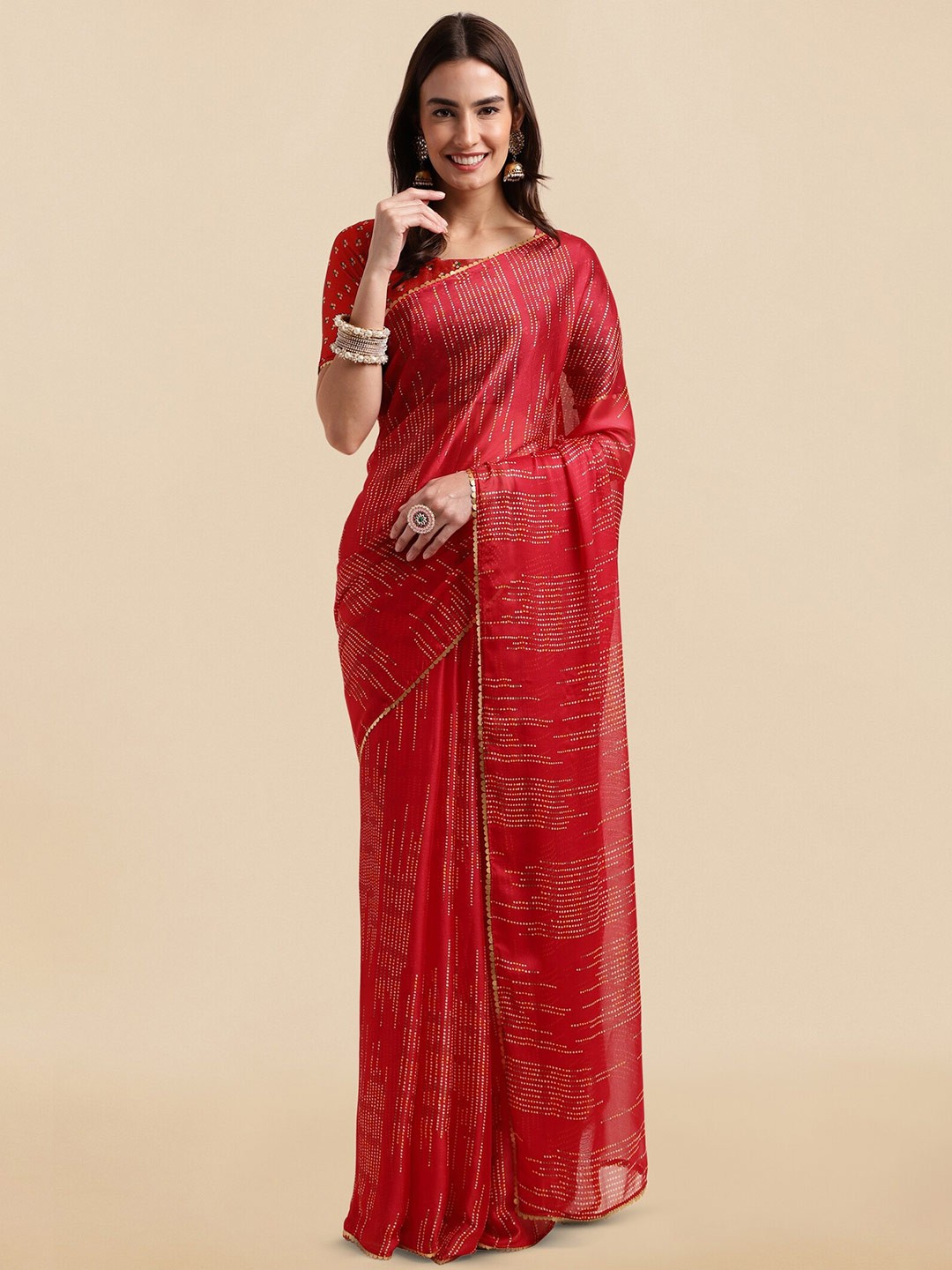 

MIRCHI FASHION Polka Dot Printed Sequinned Saree, Red