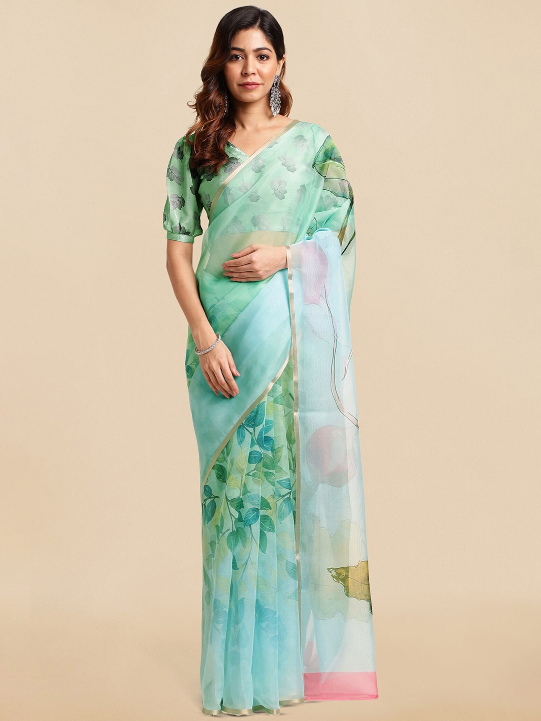 

MIRCHI FASHION Green & Blue Floral Printed Zari Saree