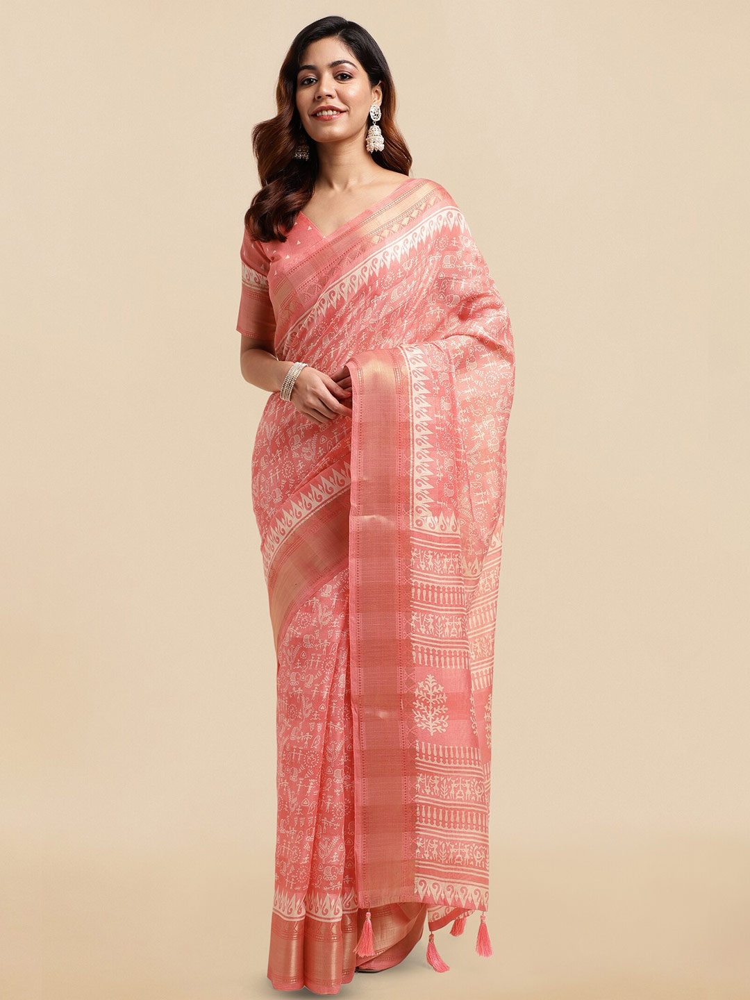 

MIRCHI FASHION Ethnic Motifs Printed Zari Saree, Coral