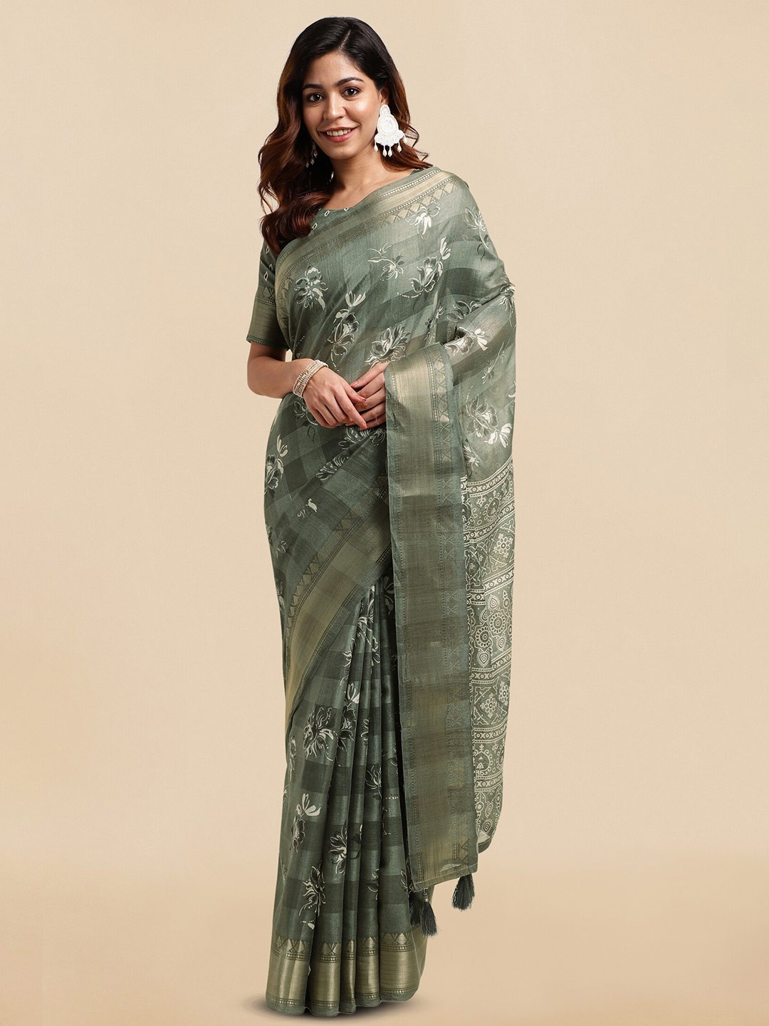 

KALINI Floral Printed Zari Saree, Green