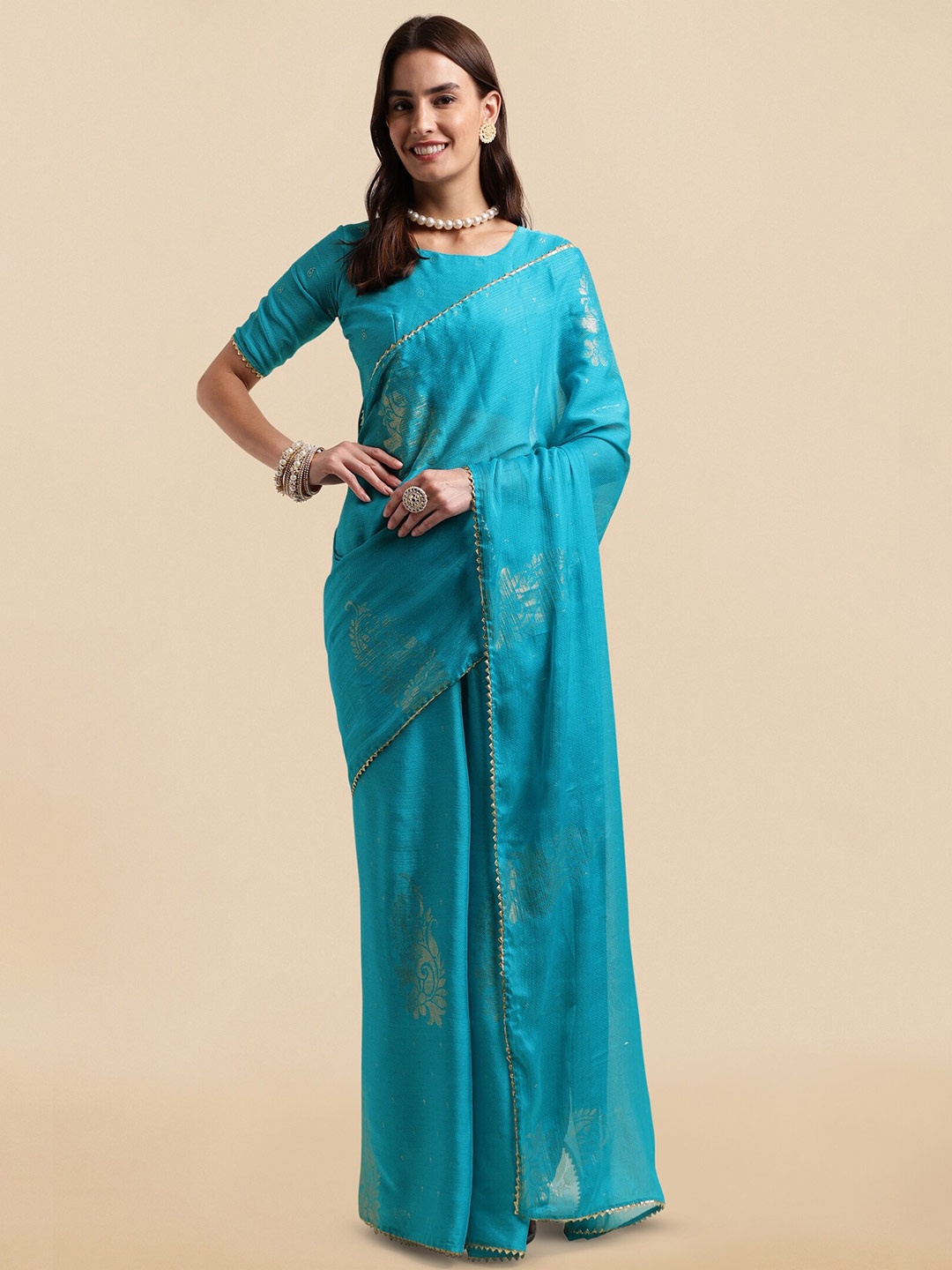 

MIRCHI FASHION Turquoise Blue Ethnic Motifs Printed Gotta Patti Block Print Saree