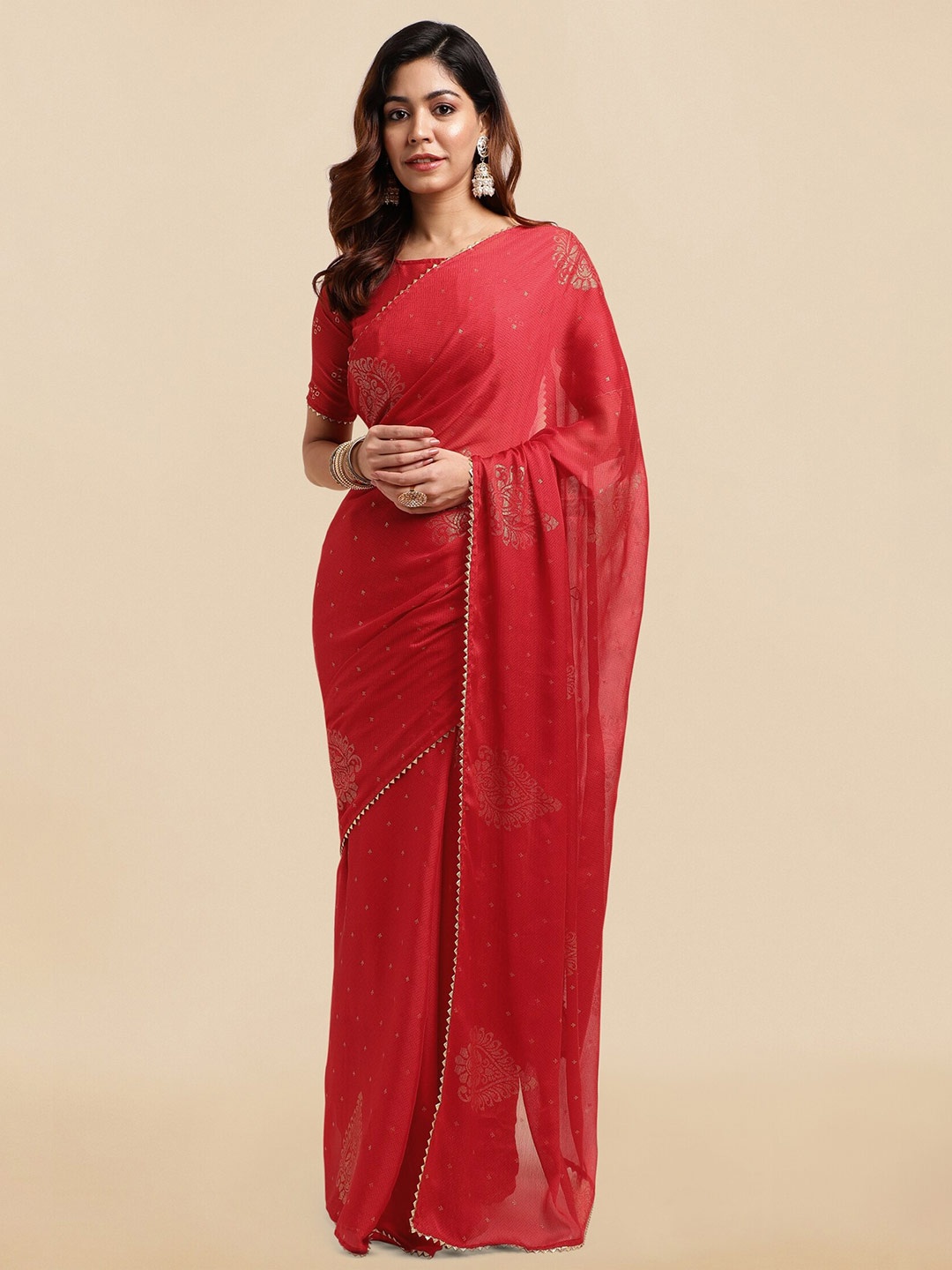 

MIRCHI FASHION Red & Gold-Toned Ethnic Motifs Gotta Patti Block Printed Saree