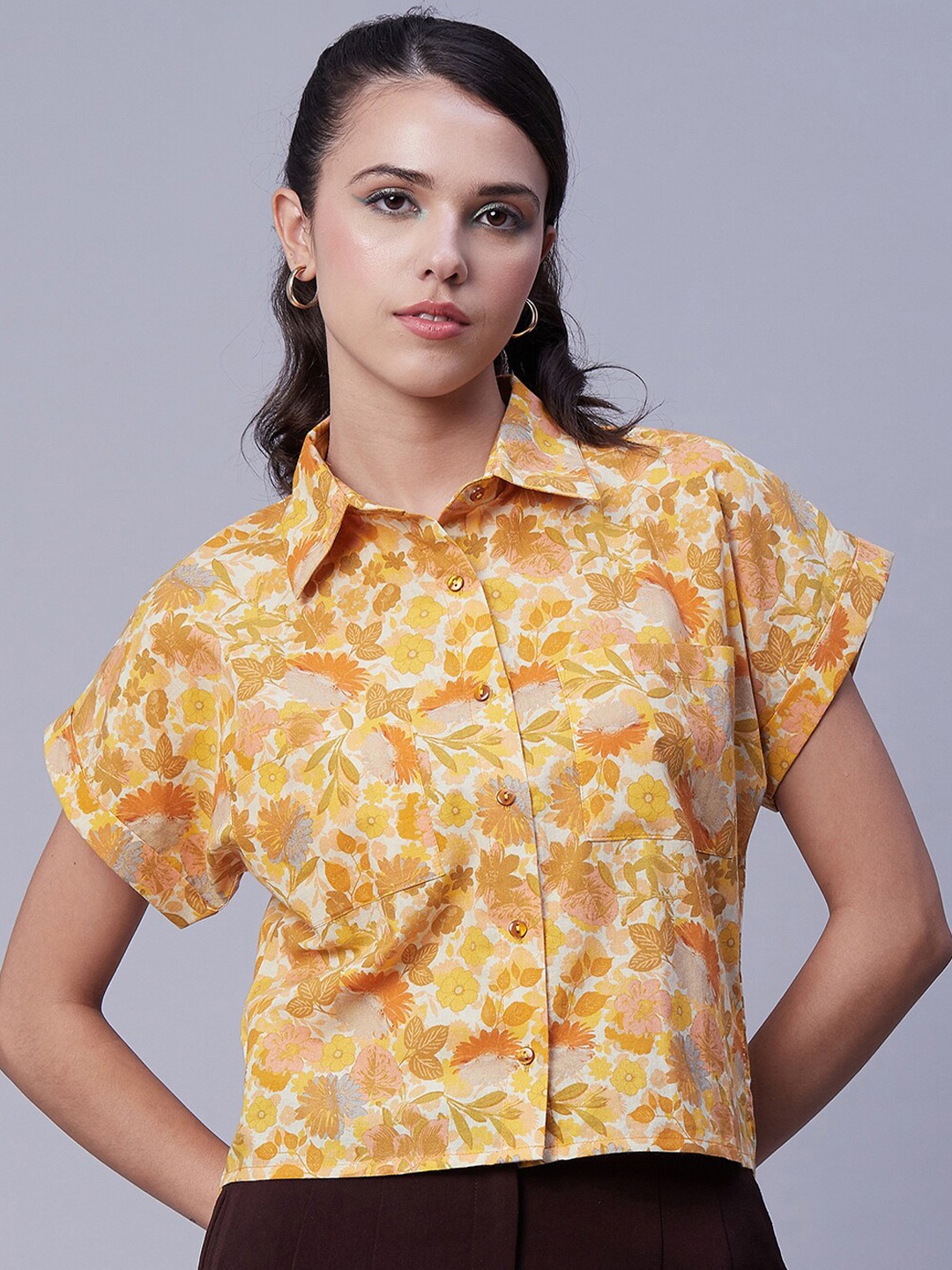 

Moomaya Relaxed Boxy Floral Printed Cotton Casual Shirt, Yellow