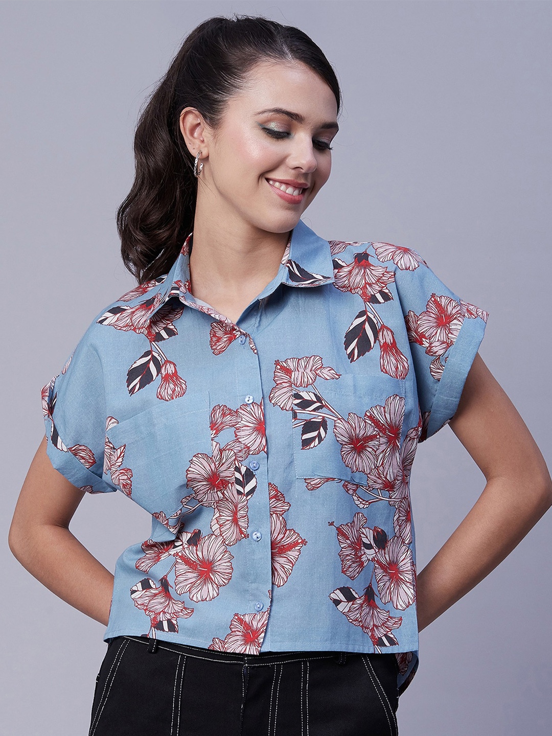 

Moomaya Relaxed Boxy Floral Printed Extended Sleeves Cotton Casual Shirt, Blue