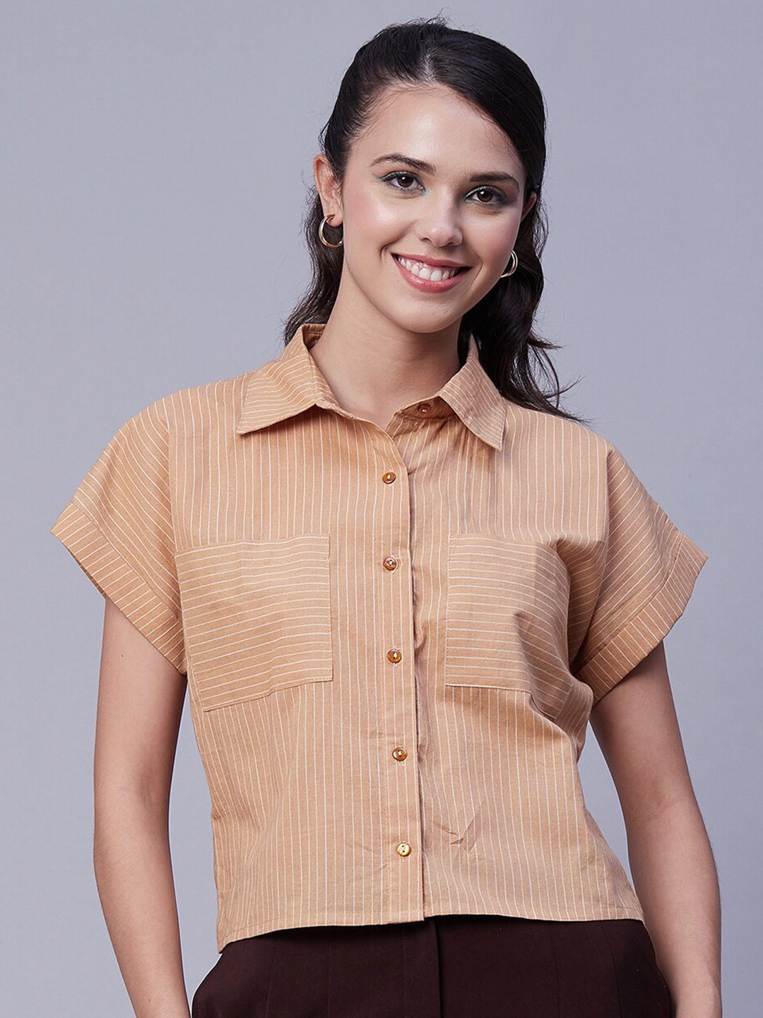 

Moomaya Relaxed Boxy Striped Cotton Casual Shirt, Orange