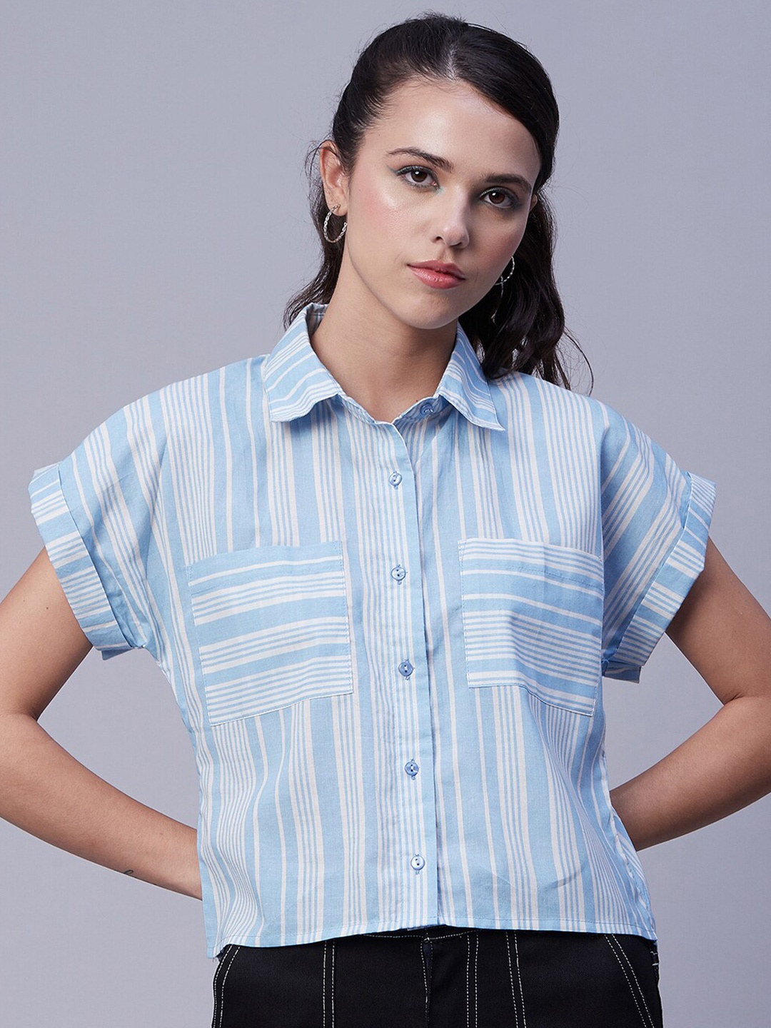 

Moomaya Relaxed Boxy Striped Casual Shirt, Blue