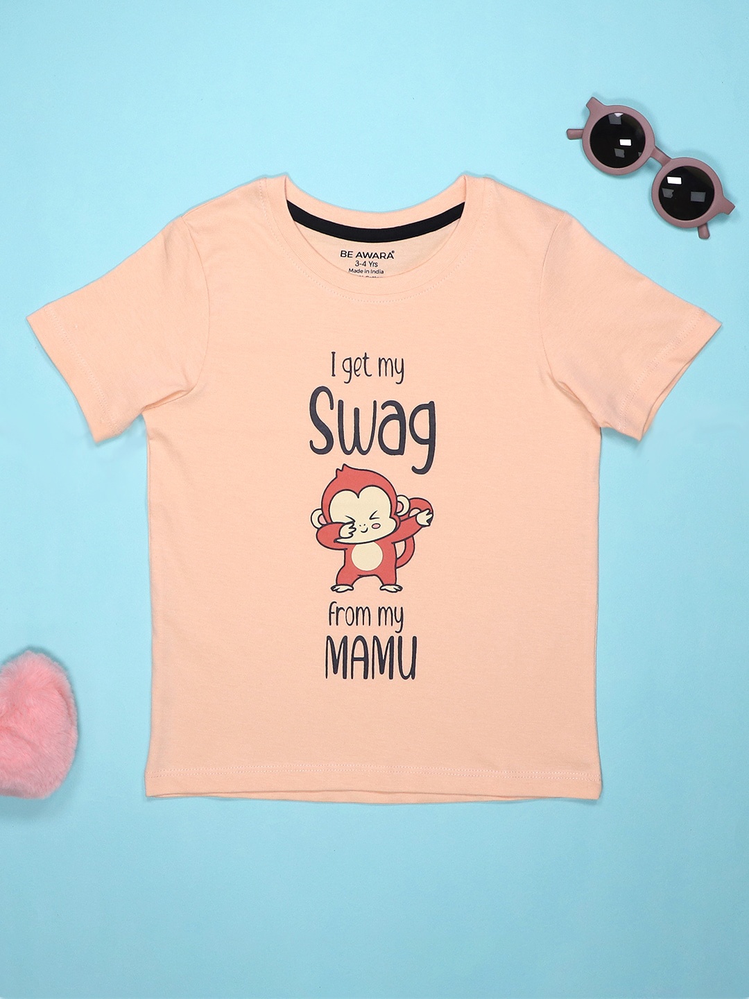 

BE AWARA Kids I Get Swag Printed Cotton Round Neck T-Shirt, Peach