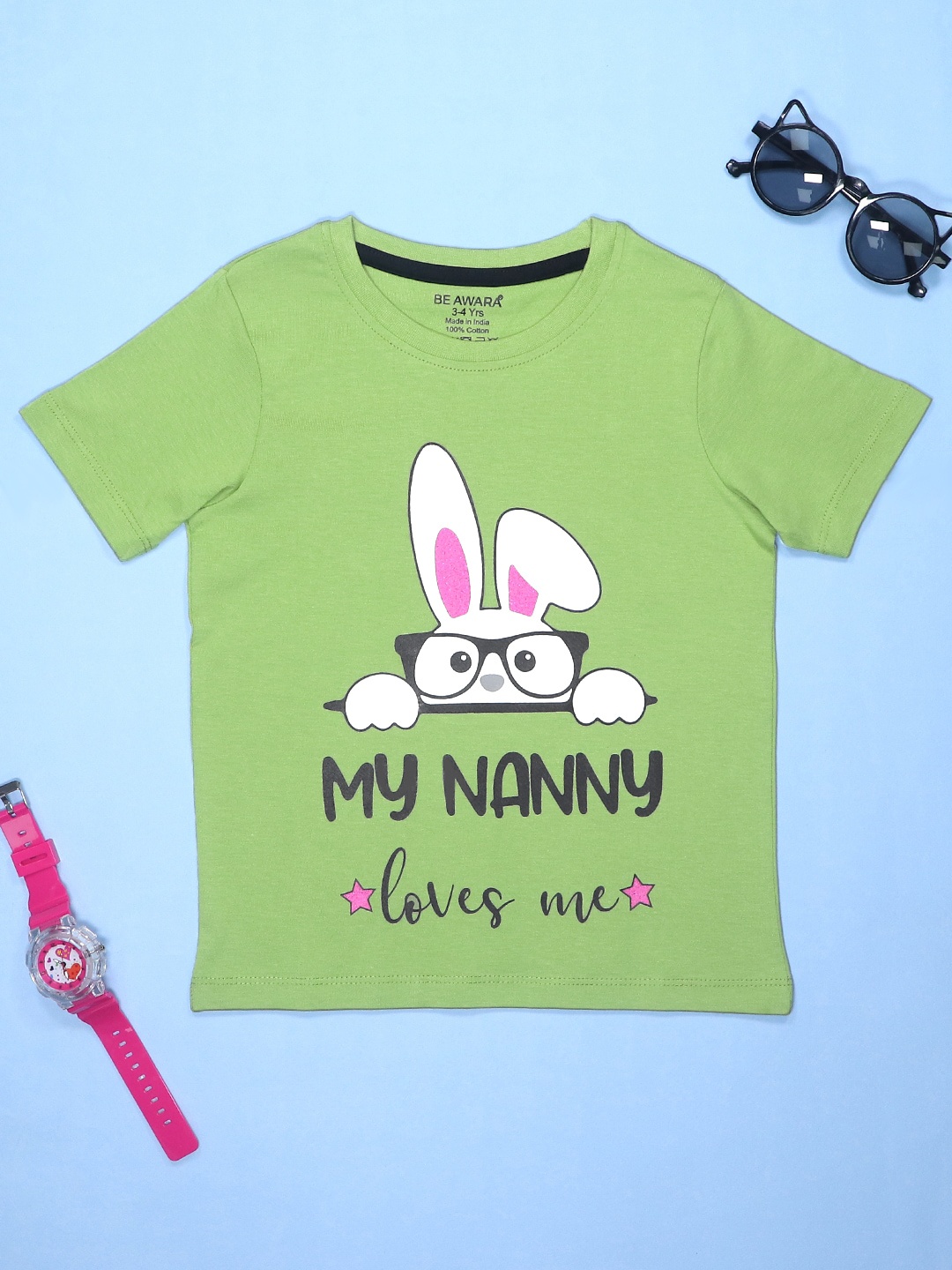

BE AWARA Kids My Nanny Loves Me Printed Cotton Round Neck T-Shirt, Green