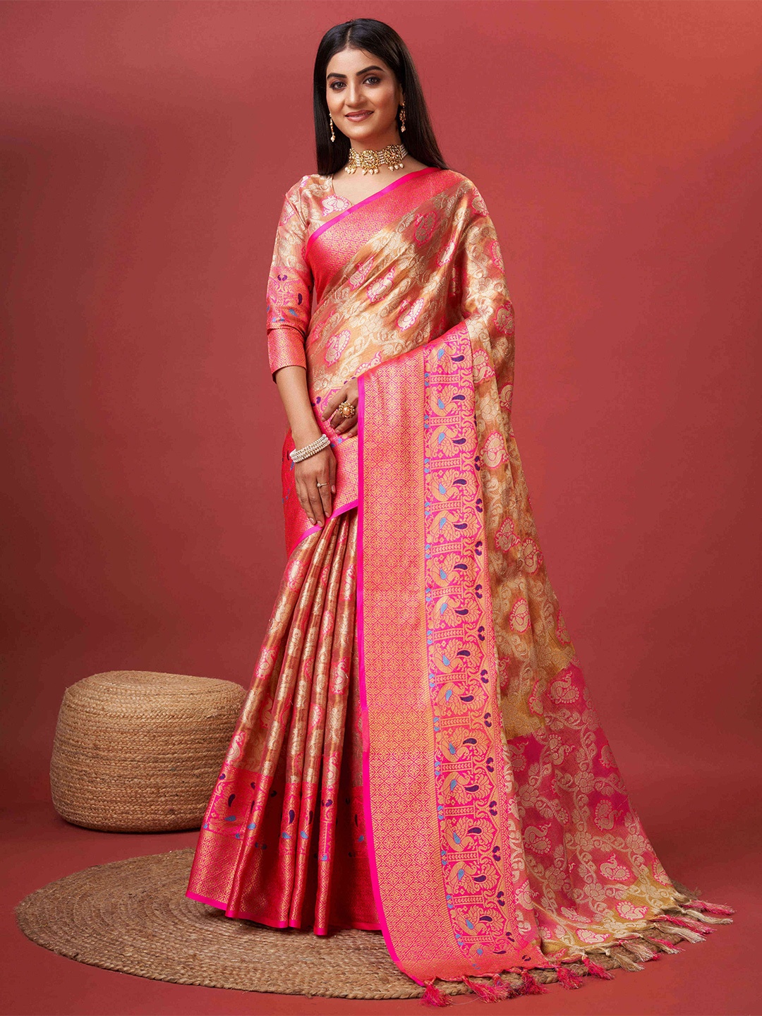 

PHEASANT Ethnic Motifs Woven Design Zari Organza Banarasi Saree, Pink