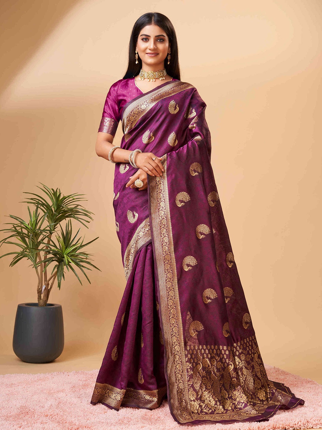 

PHEASANT Woven Design Zari Art Silk Banarasi Saree, Purple