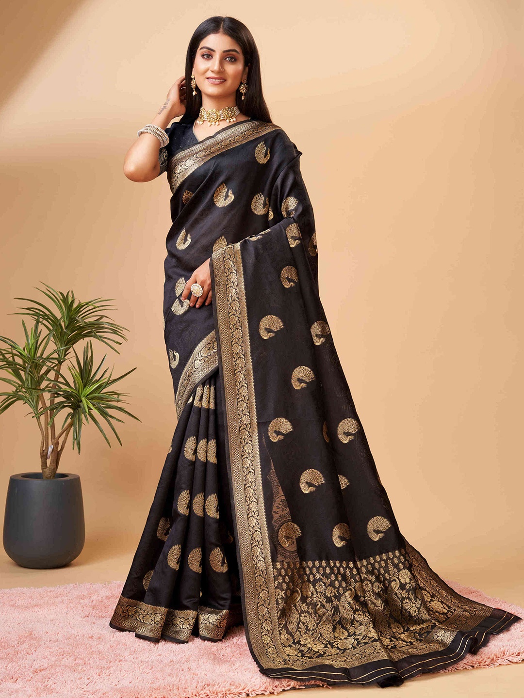 

PHEASANT Black & Gold-Toned Ethnic Motifs Woven Design Zari Art Silk Banarasi Saree