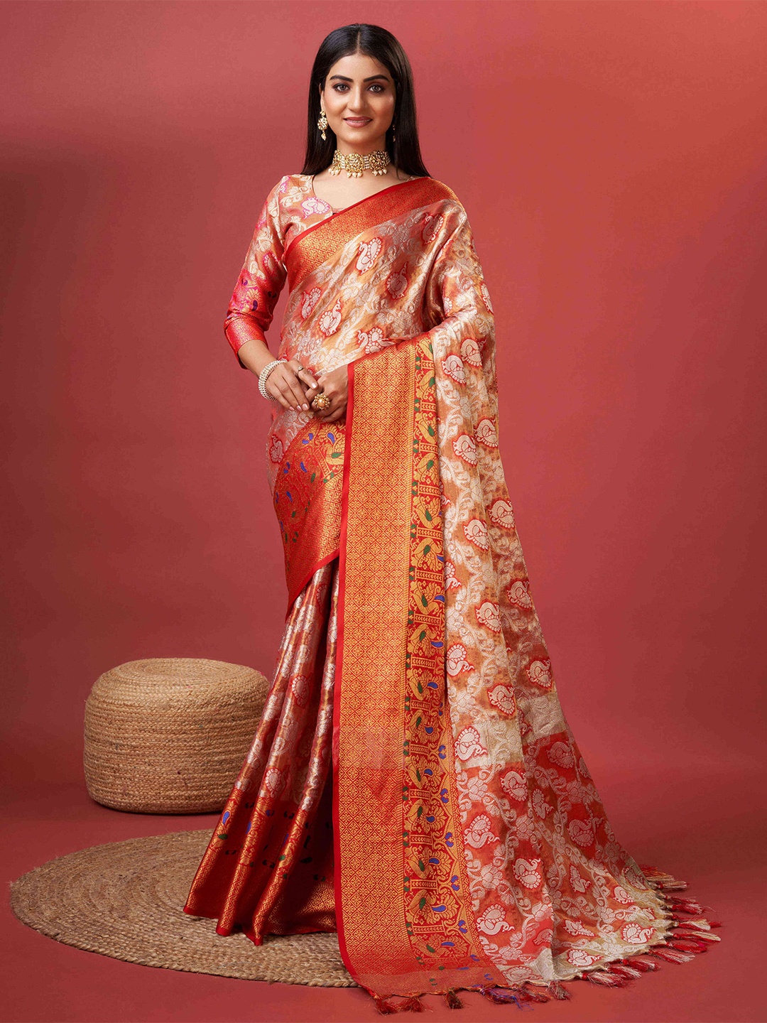 

PHEASANT Woven Design Zari Organza Banarasi Saree, Red