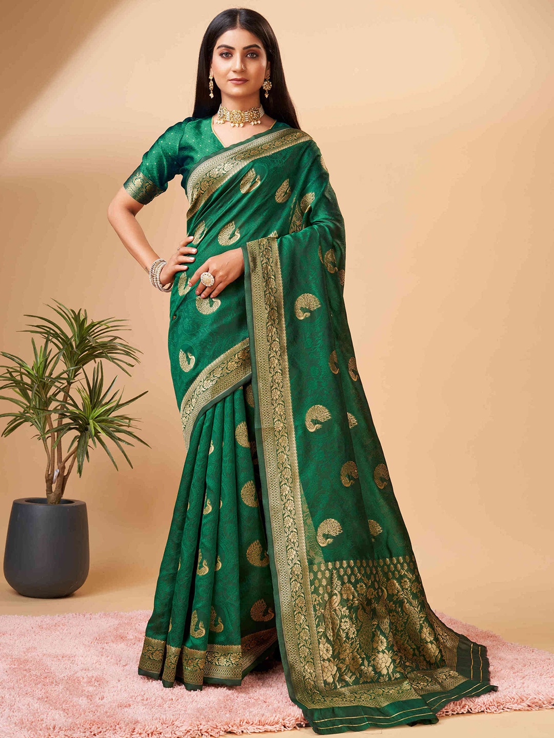 

PHEASANT Green & Gold-Toned Ethnic Motifs Woven Design Zari Art Silk Banarasi Saree