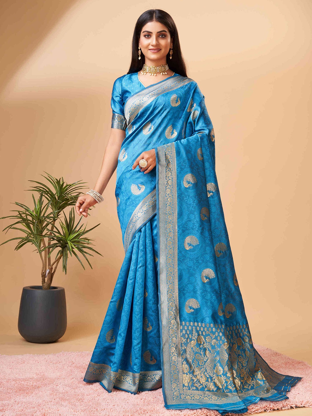 

PHEASANT Ethnic Motifs Woven Design Zari Art Silk Banarasi Saree, Blue