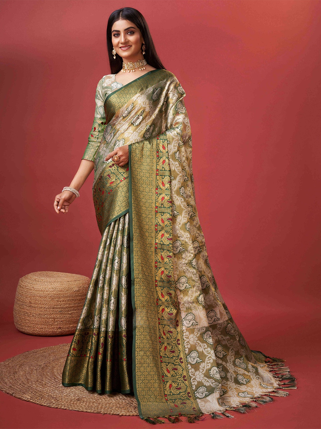 

PHEASANT Ethnic Motifs Woven Design Zari Organza Banarasi Saree, Green