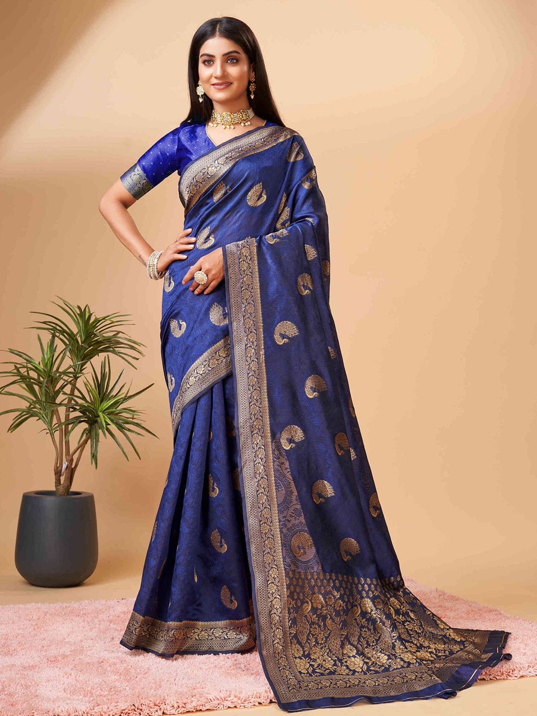 

PHEASANT Blue & Gold-Toned Woven Design Zari Art Silk Banarasi Saree