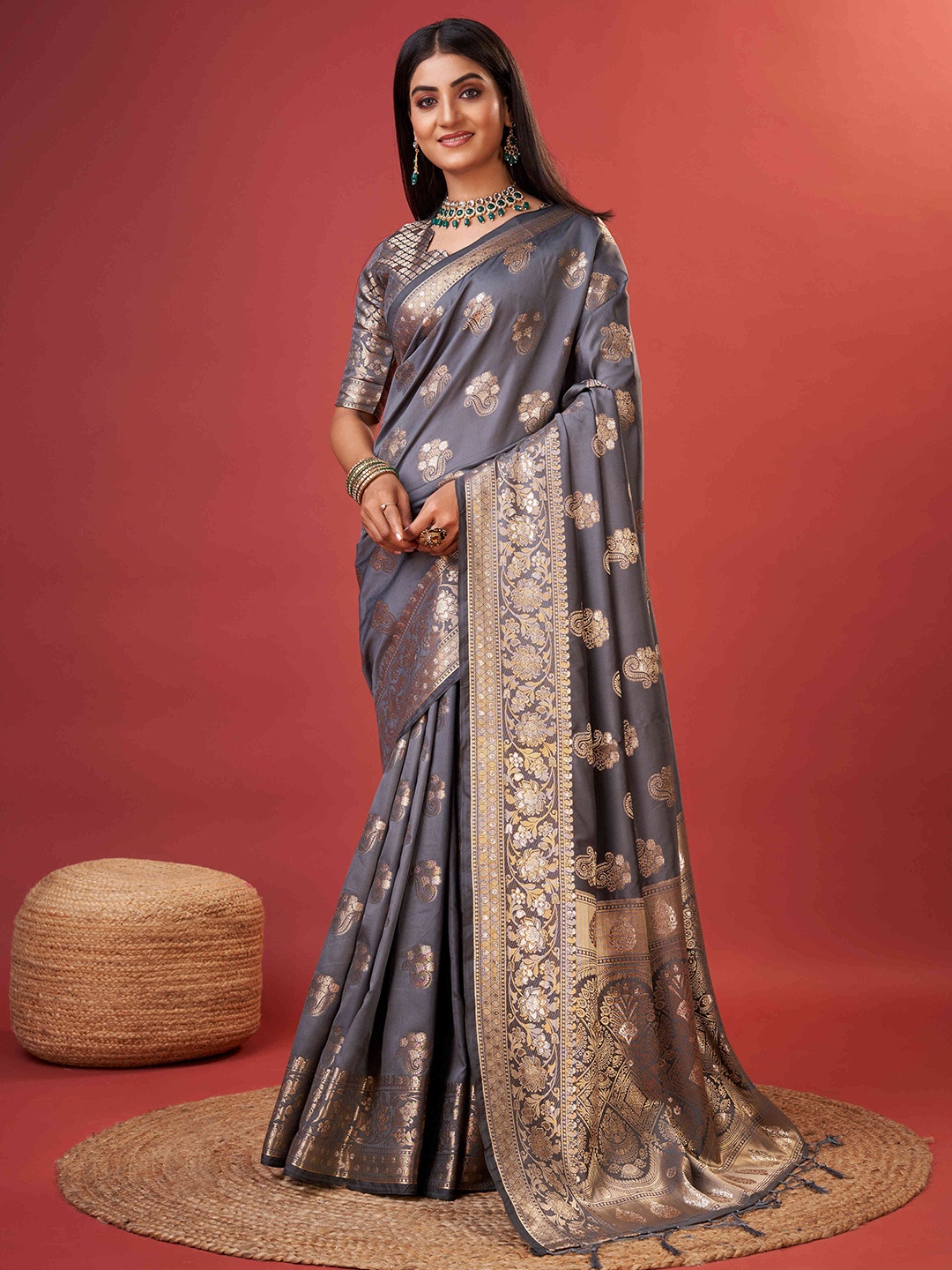 

PHEASANT Ethnic Motifs Woven Design Zari Pure Silk Banarasi Saree, Grey