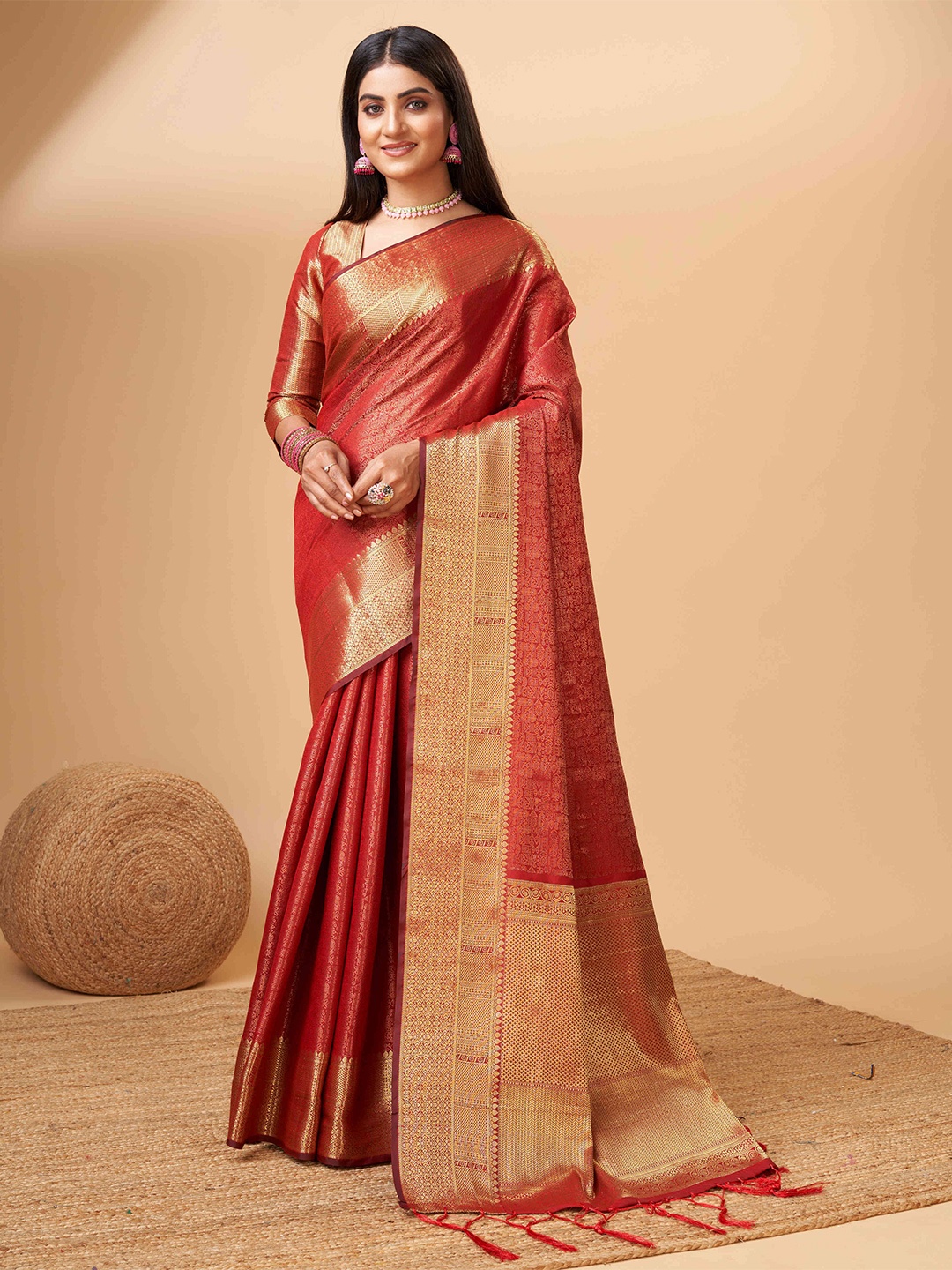 

PHEASANT Ethnic Motifs Woven Design Zari Pure Silk Banarasi Saree, Red