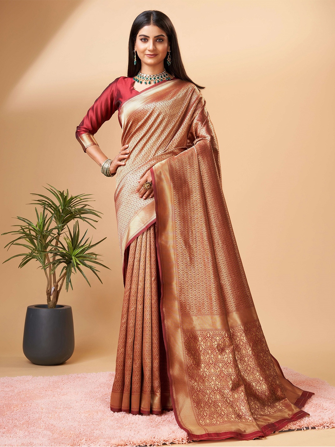 

PHEASANT Ethnic Motifs Woven Design Zari Banarasi Saree, Maroon