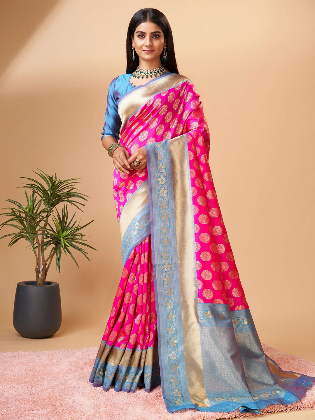 

PHEASANT Ethnic Motifs Woven Design Zari Banarasi Saree, Pink