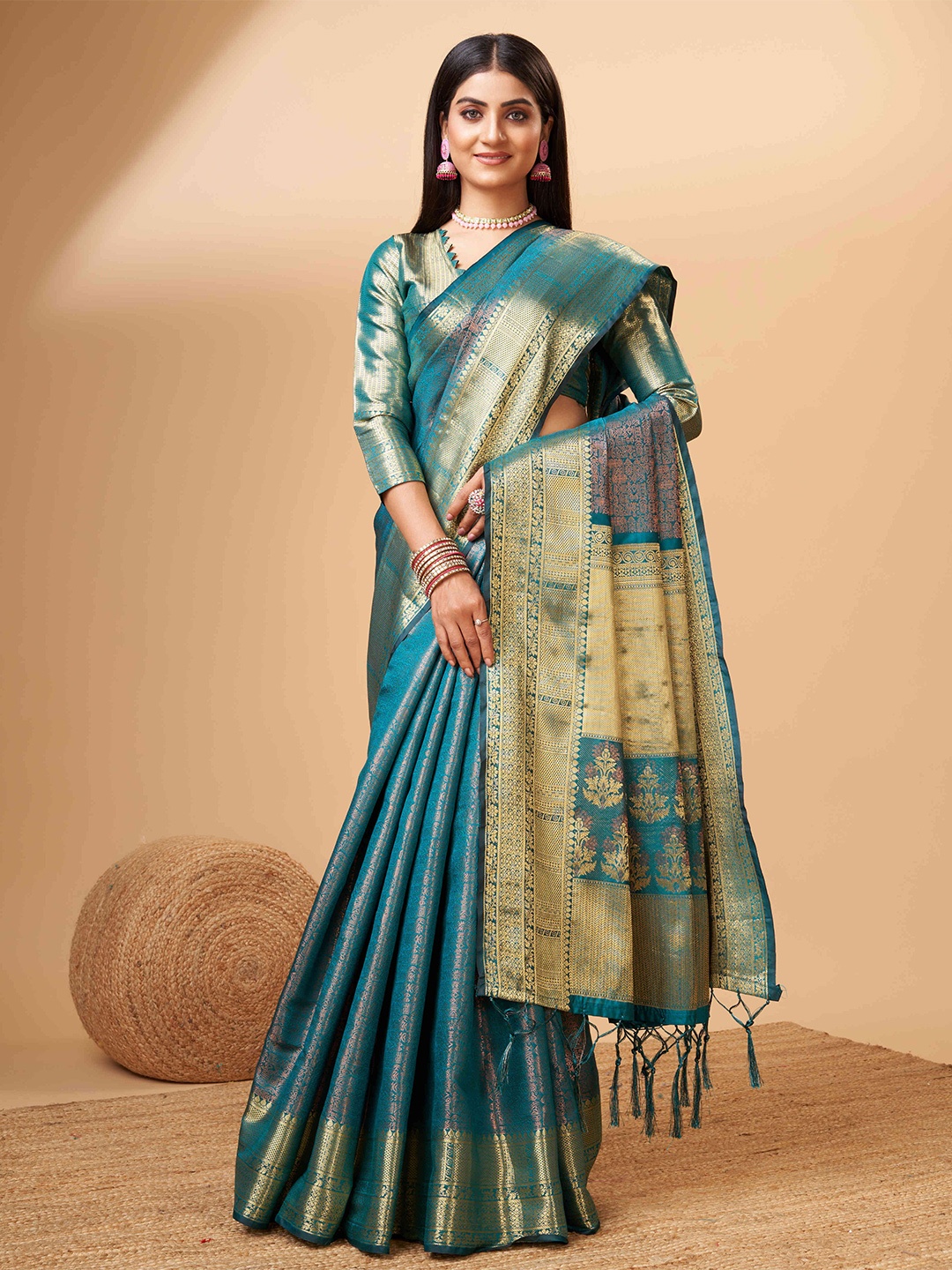 

PHEASANT Ethnic Motifs Woven Design Zari Pure Silk Banarasi Saree, Sea green