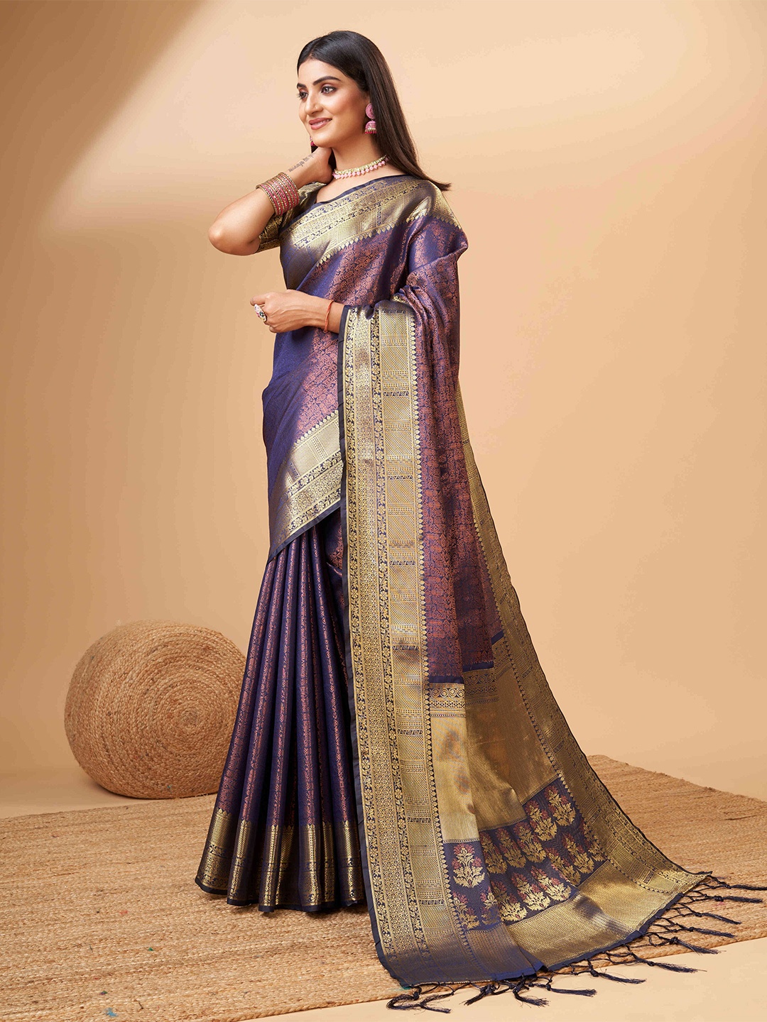 

PHEASANT Ethnic Motifs Woven Design Zari Pure Silk Banarasi Saree, Navy blue