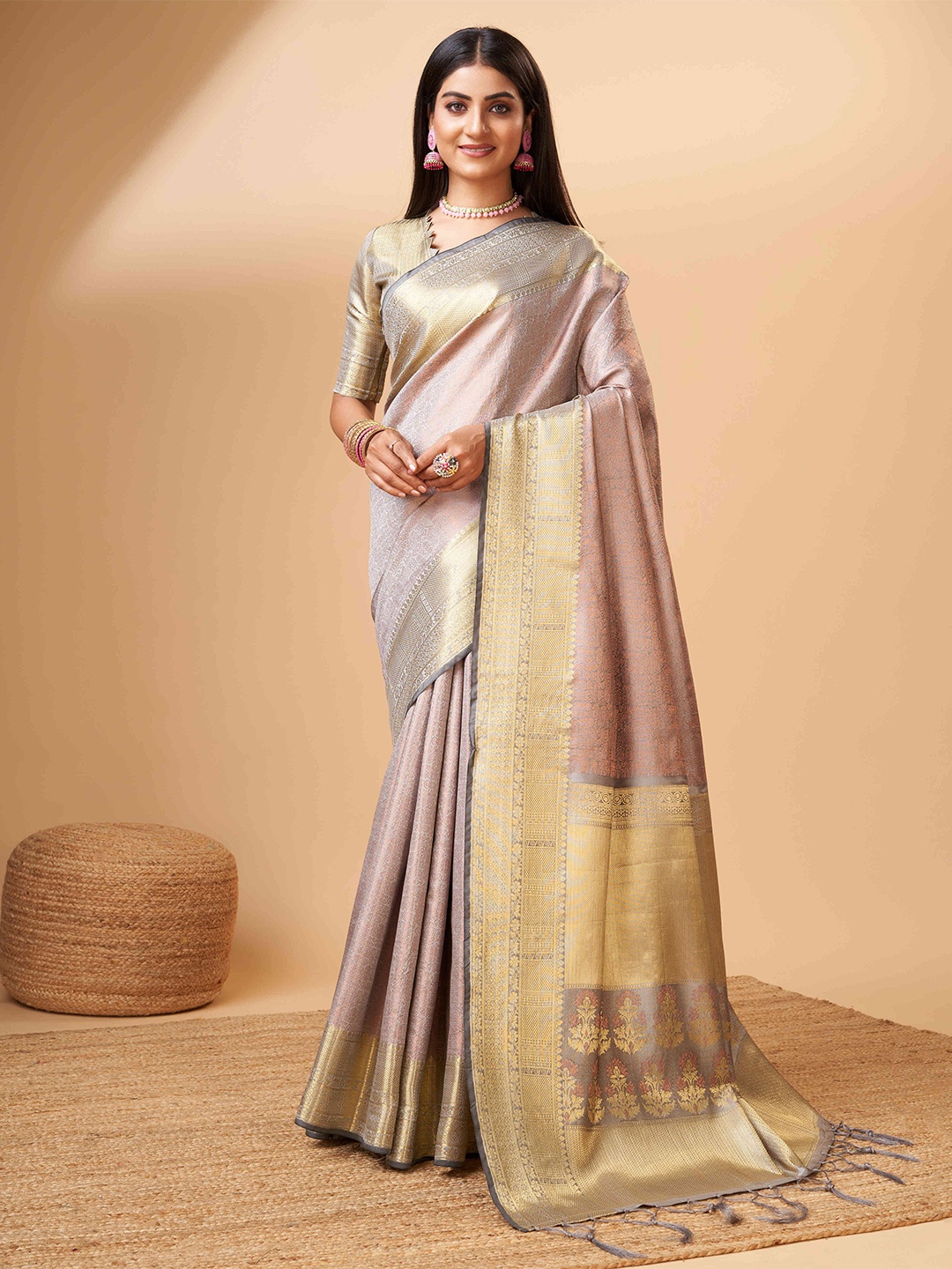 

PHEASANT Ethnic Motifs Woven Design Zari Pure Silk Banarasi Saree, Grey