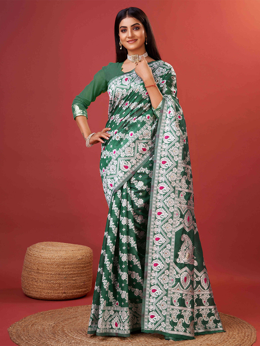 

PHEASANT Ethnic Motifs Woven Design Zari Pure Cotton Banarasi Saree, Green