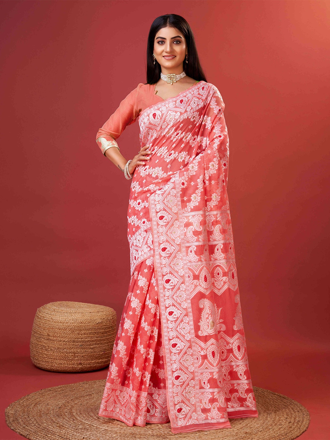 

PHEASANT Floral Woven Design Zari Pure Cotton Banarasi Saree, Peach