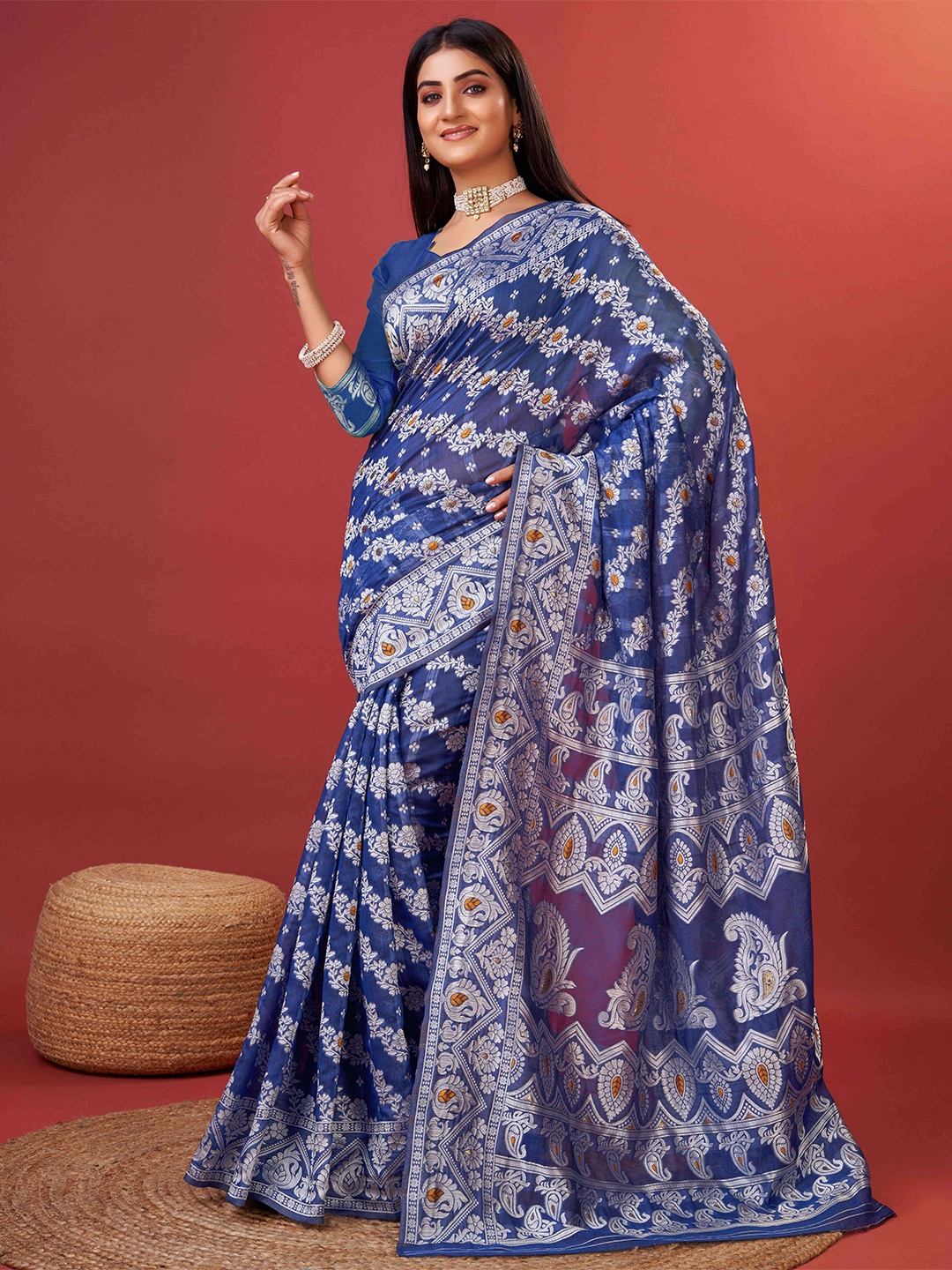

PHEASANT Floral Woven Design Zari Pure Cotton Banarasi Saree, Blue